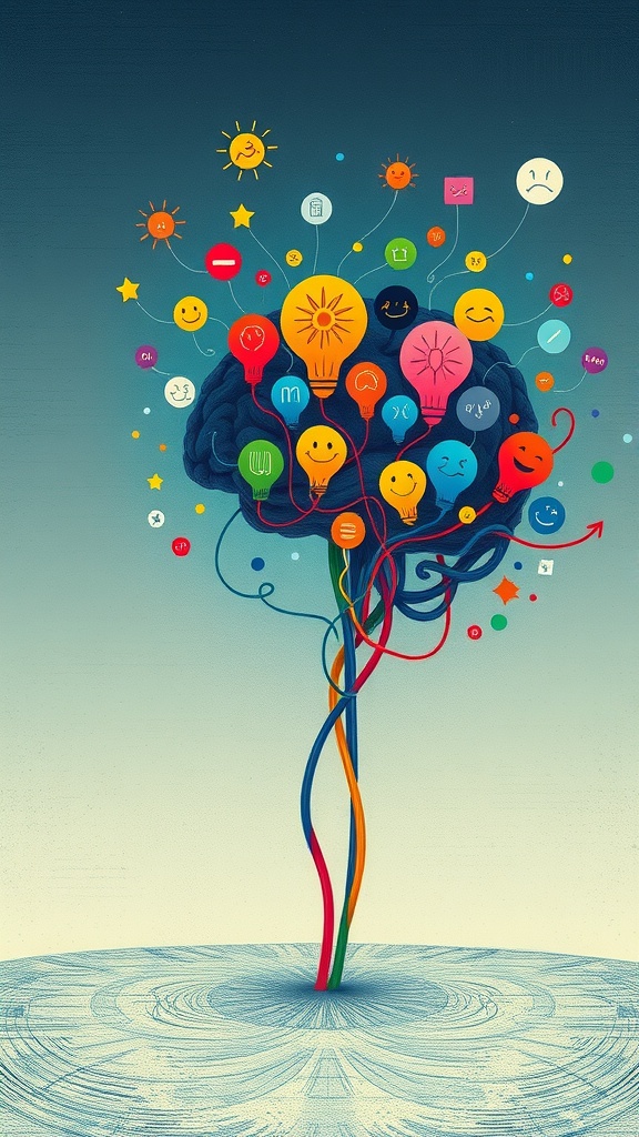 An artistic representation of a brain with colorful light bulbs and symbols, illustrating the connection between emotions and thoughts.