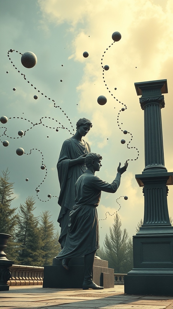 A figure interacting with floating spheres, symbolizing the dynamic nature of beliefs, with statuesque figures in a serene setting.