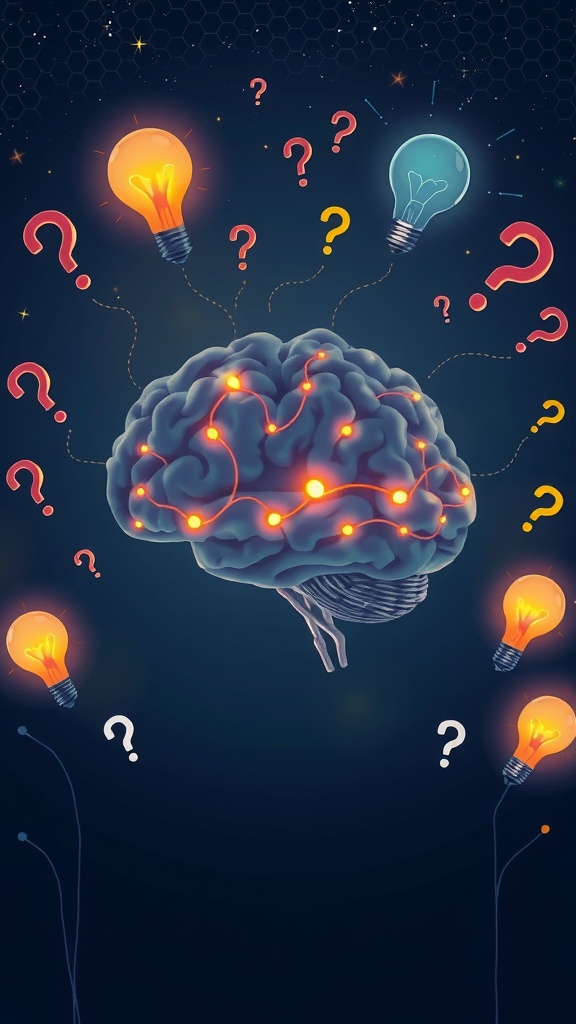 An illustration of a brain with light bulbs and question marks, symbolizing curiosity and knowledge.