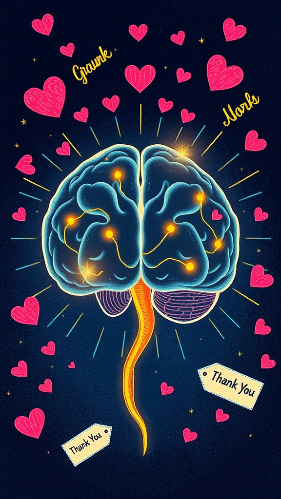 An illustration of a brain surrounded by hearts and glowing elements, symbolizing the positive effects of gratitude on brain function.