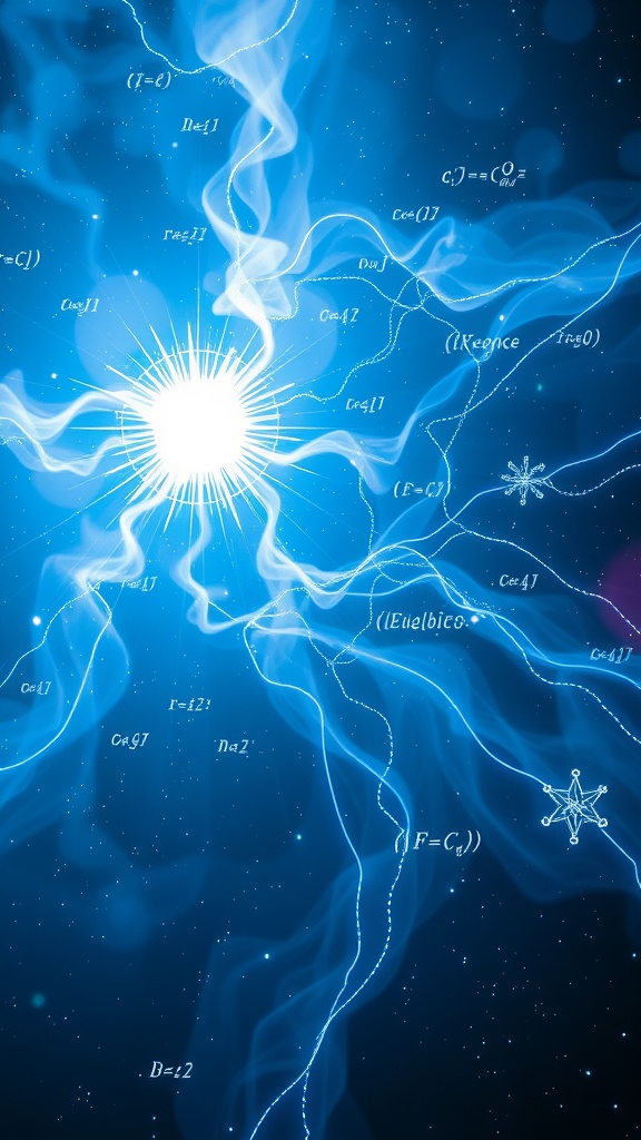 An abstract representation of energy with equations, symbolizing the connection between manifestation and physics.