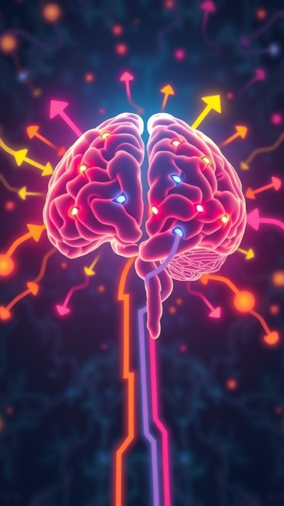 A colorful illustration of a brain with arrows representing neural pathways.