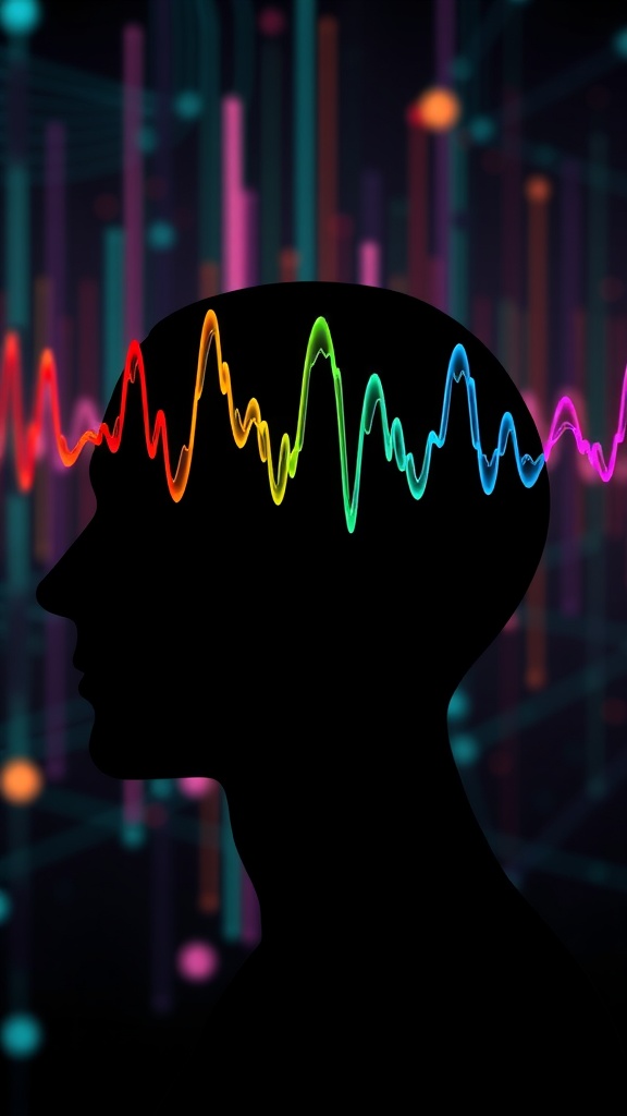 Colorful waveforms above a human silhouette representing thought frequencies.