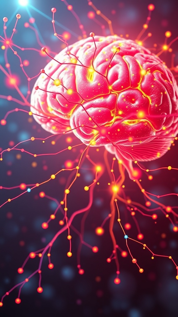 A vibrant illustration of a brain with glowing connections, representing thoughts and emotions.
