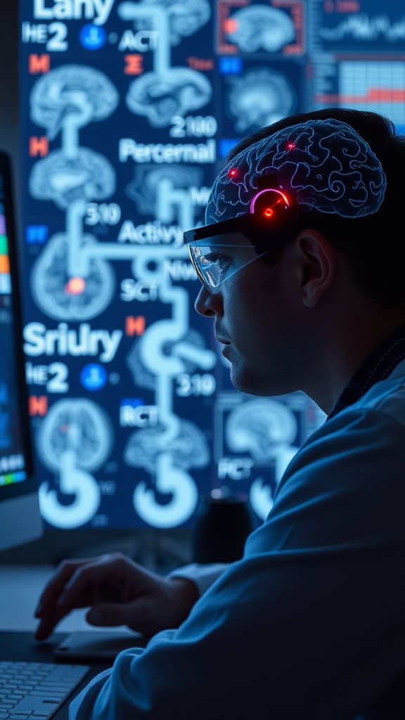A person with a brain-monitoring headset using a computer, surrounded by brain scan data on a screen.