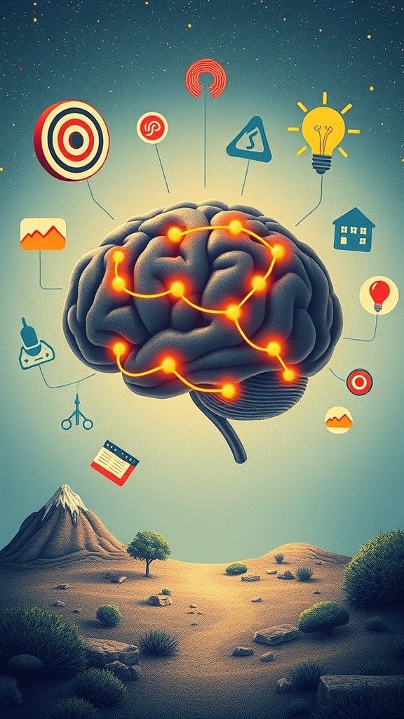 An illustration of a brain with various icons representing different concepts connected to it.