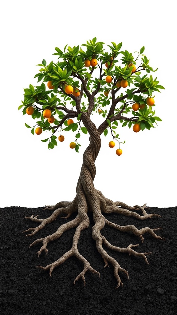 A tree with deep roots and ripe oranges, symbolizing education's challenges and rewards.