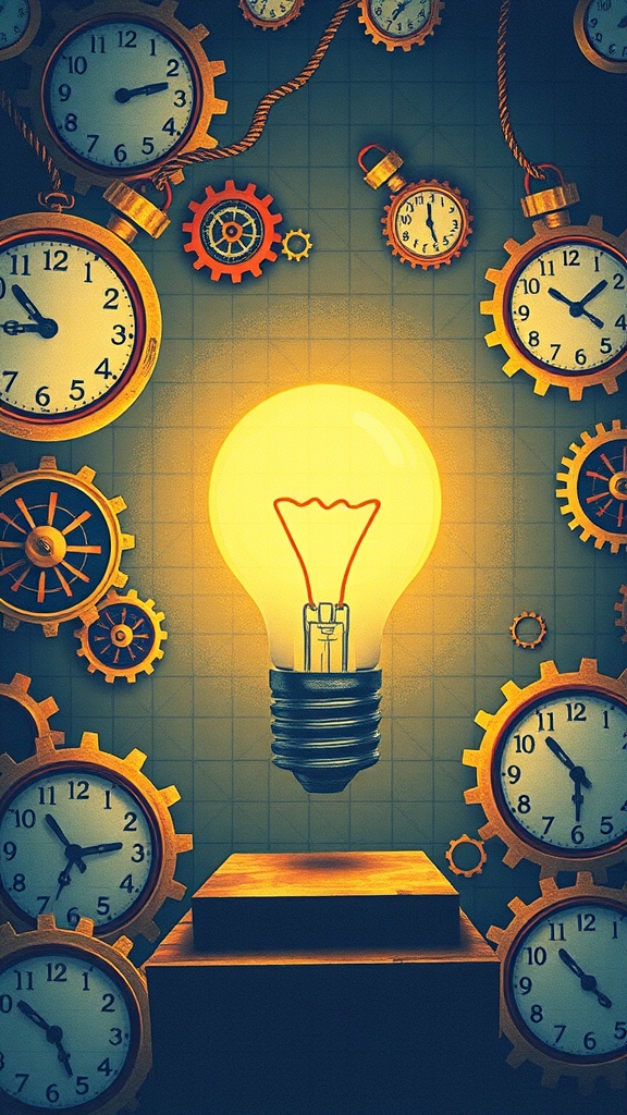 A glowing light bulb surrounded by various clocks and gears, symbolizing the intersection of time and innovative ideas.