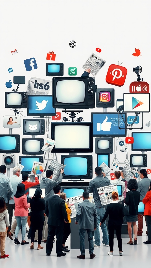 A diverse group of people engaged with various media screens, showcasing the impact of media on society.