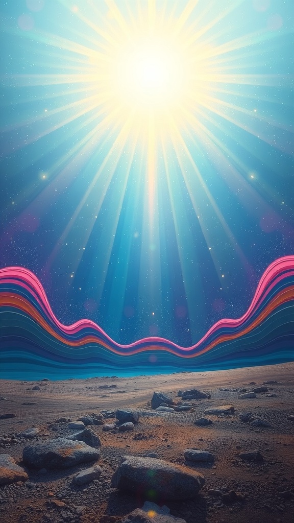 A cosmic scene with a bright sun and colorful waves, symbolizing the energy of thoughts.
