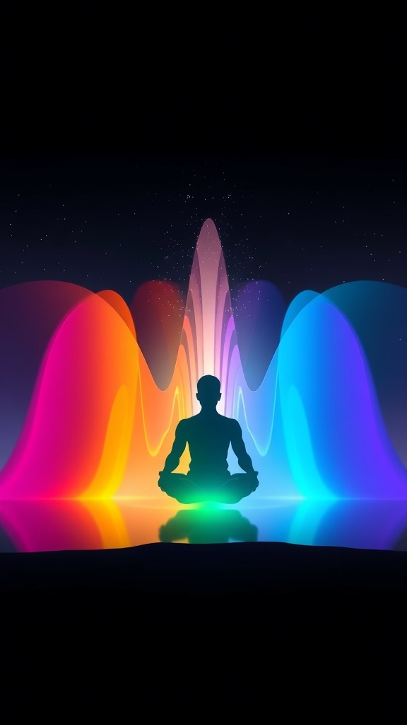 A meditative figure surrounded by colorful waves of energy, symbolizing the vibrational frequency of thoughts.