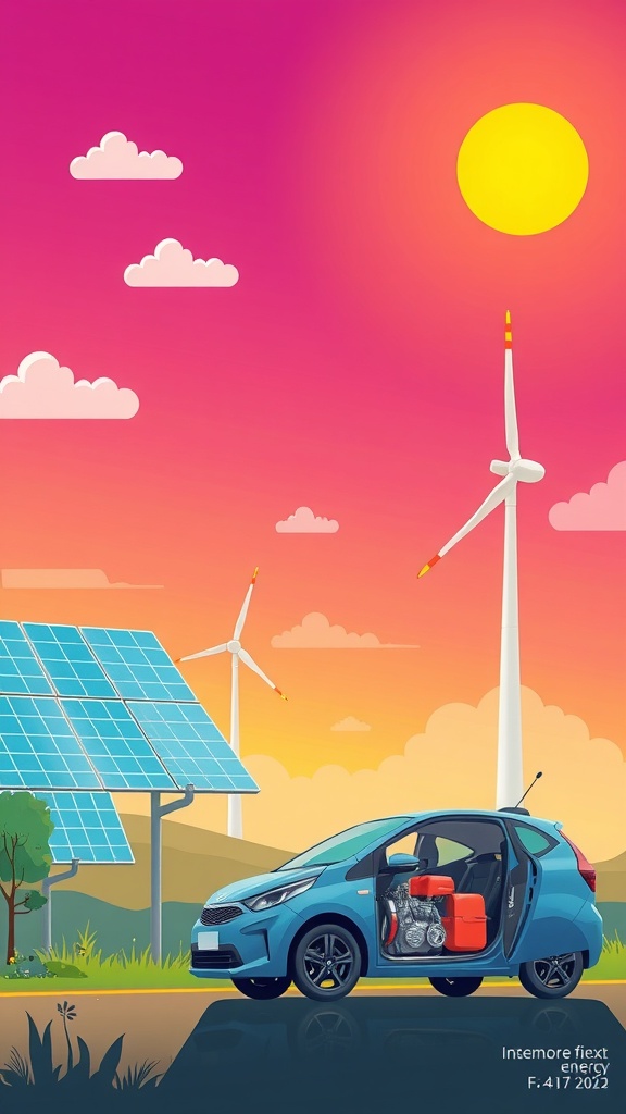 A blue car parked near solar panels and wind turbines under a colorful sky