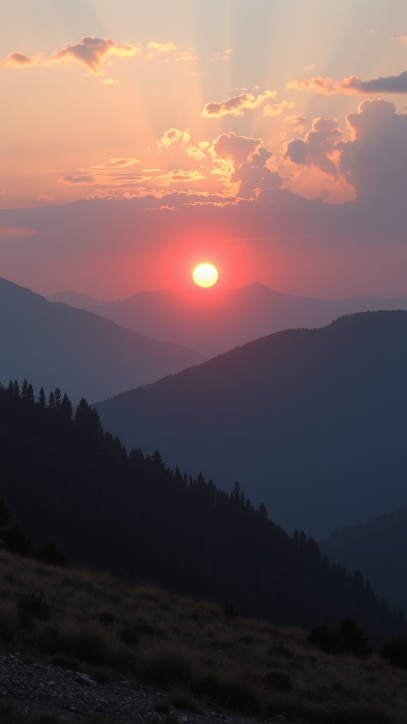 A beautiful sunset over mountains with vibrant colors.