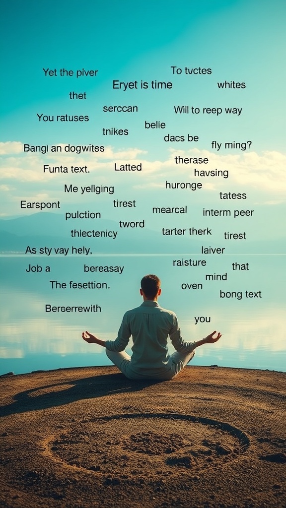 A person meditating by a calm body of water, surrounded by nature, with scattered words in the sky representing thoughts.