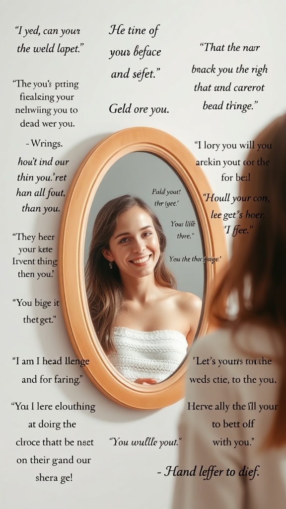 A young woman smiling at her reflection in a mirror, surrounded by whimsical phrases promoting positive self-talk.