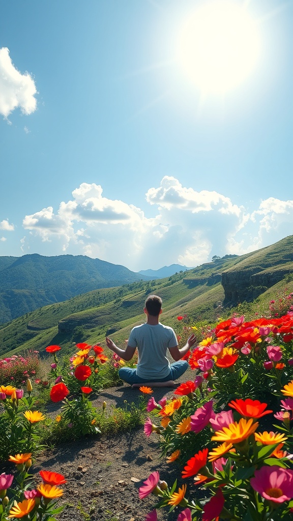 A person meditating in a field of colorful flowers under a bright sky.