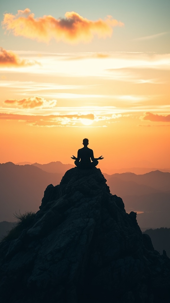 A person meditating on a rocky peak during sunset, surrounded by mountains.