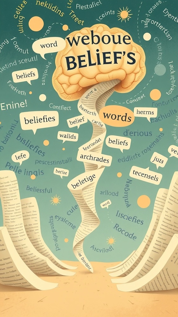 An illustration showing a brain at the center with swirling words and phrases connected to it, symbolizing the relationship between beliefs and words.
