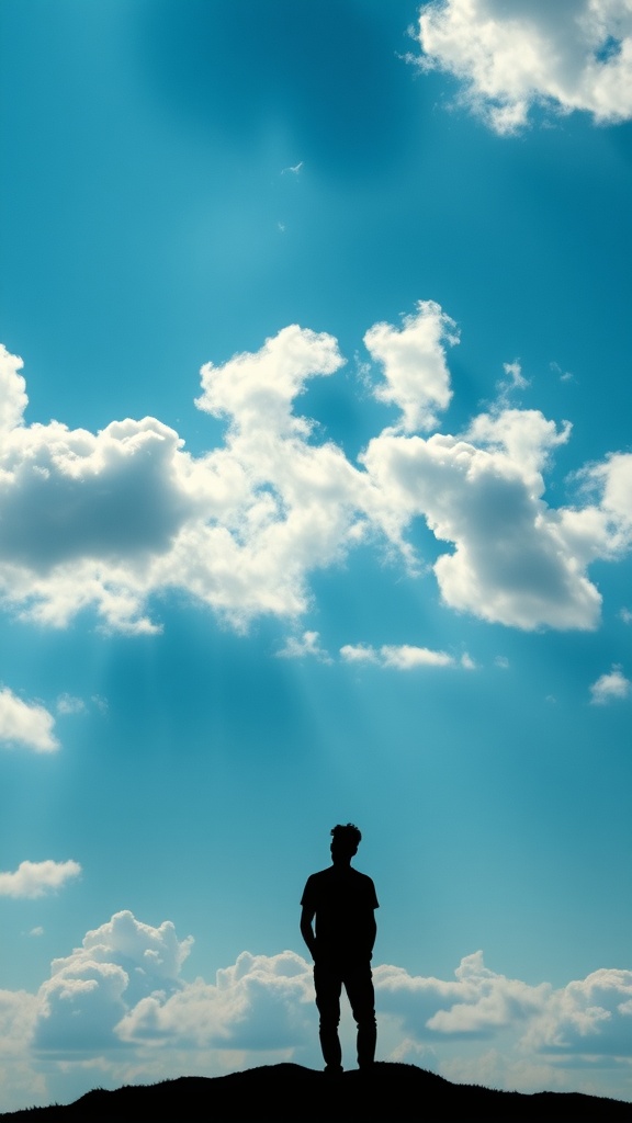A person silhouetted against a bright blue sky with clouds, symbolizing limitless potential.