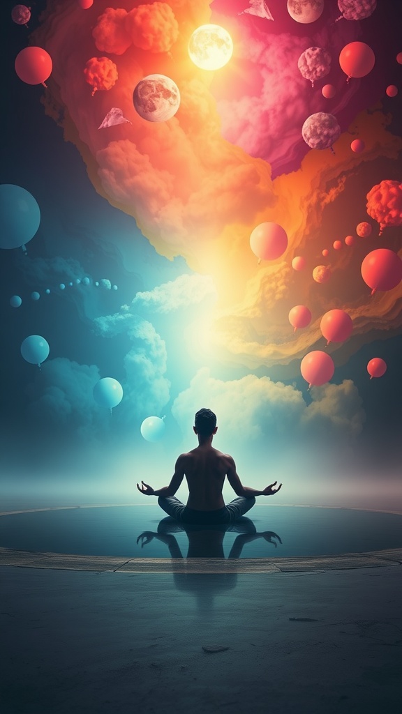 A person meditating, surrounded by colorful hot air balloons and celestial bodies, symbolizing the power of thoughts in shaping reality.