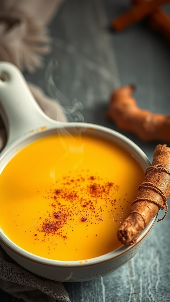 A steaming cup of turmeric golden milk with a cinnamon stick and a sprinkle of spices.