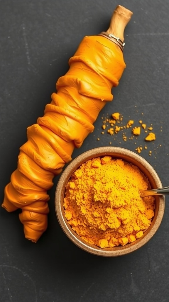 A piece of turmeric root and a bowl of turmeric powder on a dark background.