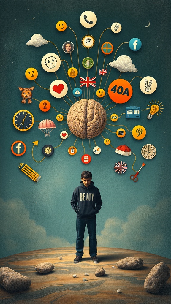 A young person stands on a rocky surface, looking down, with colorful icons radiating from a brain above them, symbolizing unconscious influences on decisions.