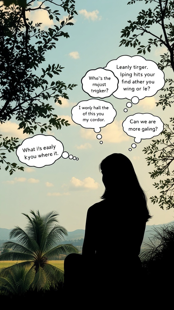 A silhouette of a person sitting in nature with thought bubbles showing confused words.