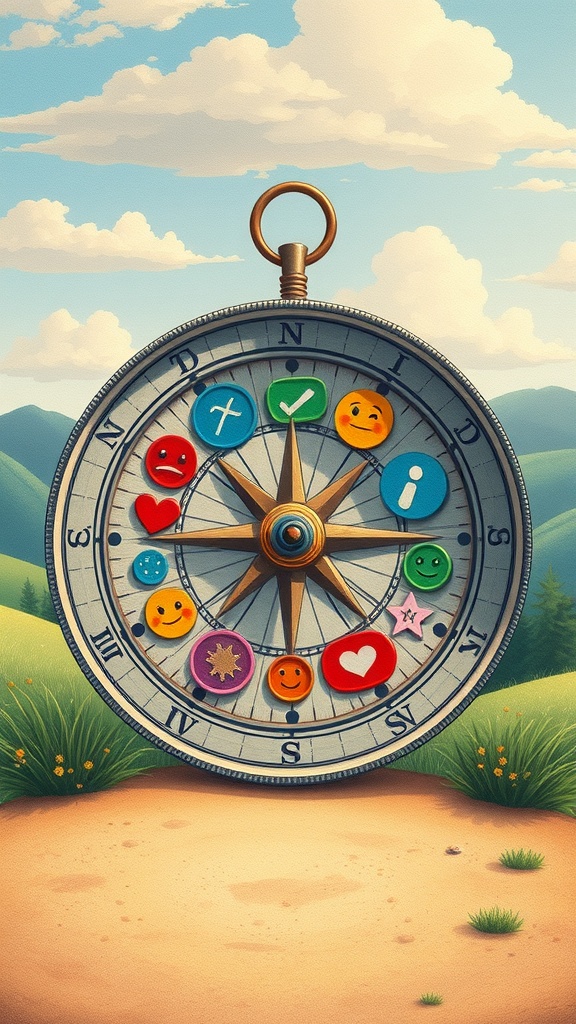 A compass with various emojis representing different emotions, set against a scenic background.