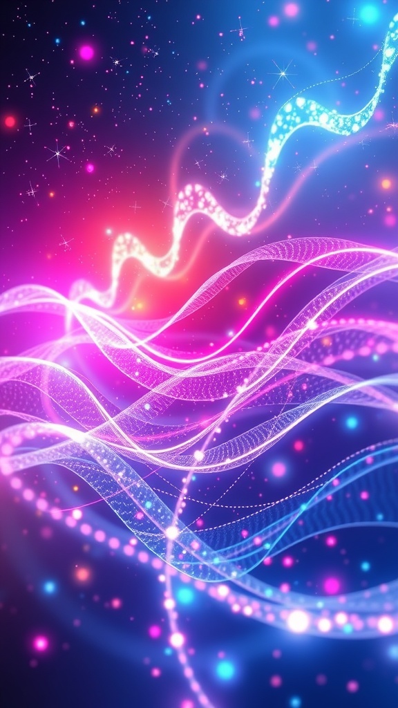 An abstract representation of energy with colorful waves and particles, illustrating the concept of energy at the quantum level.