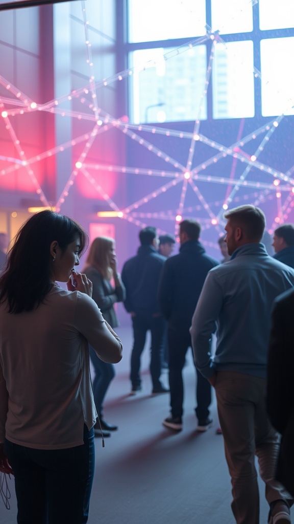 A group of people interacting in a colorful, energetic environment with lights and connections.