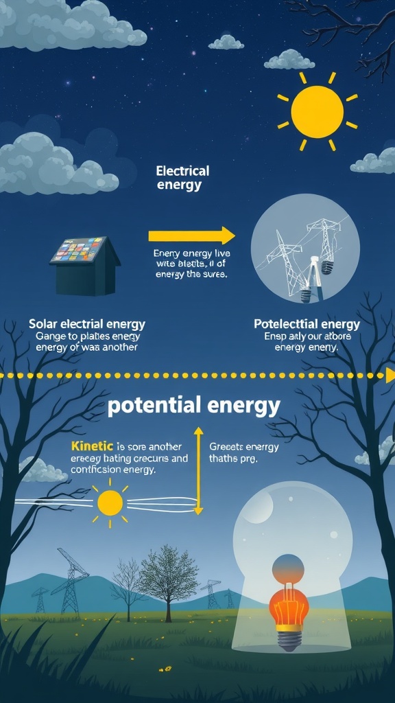 An illustration showing energy transformations including solar energy, electrical energy, potential energy, and kinetic energy.