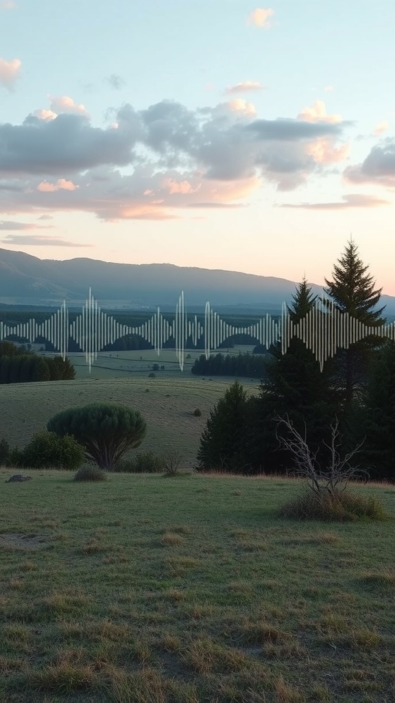 A serene landscape with sound waves overlay, symbolizing the connection between frequency and reality.