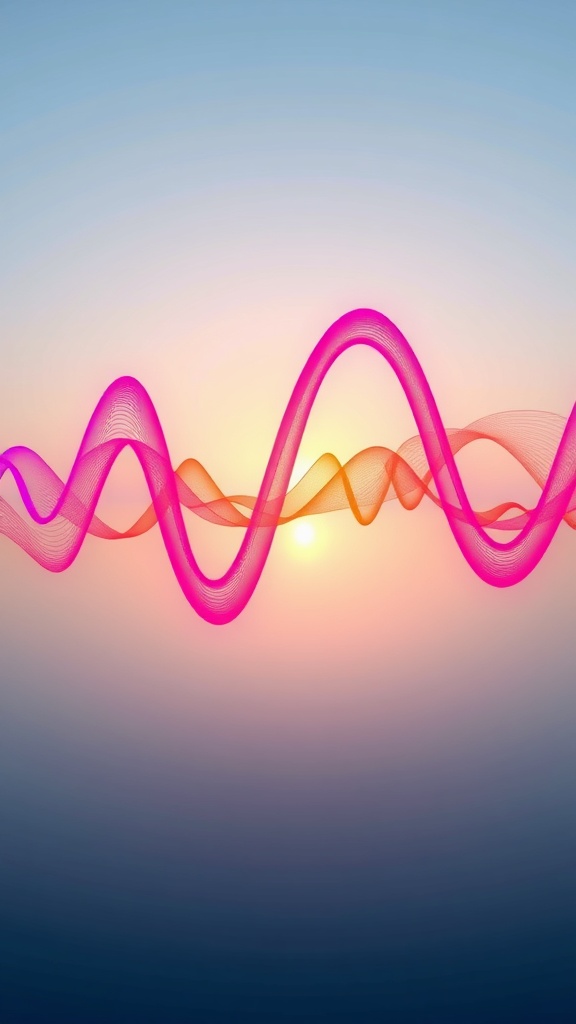 Colorful waves representing frequencies against a sunset background.