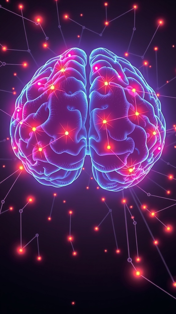 A vibrant illustration of a brain with glowing neural pathways and connections.