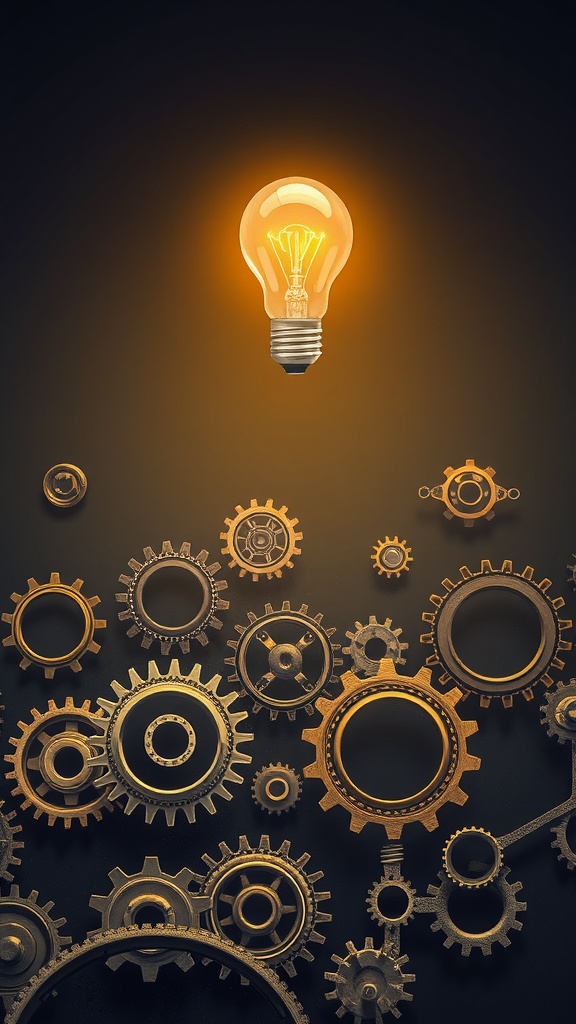 A glowing light bulb above a collection of gears, representing system design and ideas.