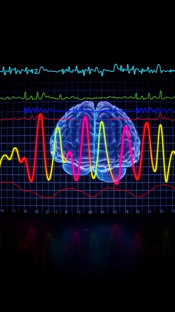 Colorful representation of brainwave frequencies with a brain in the center.