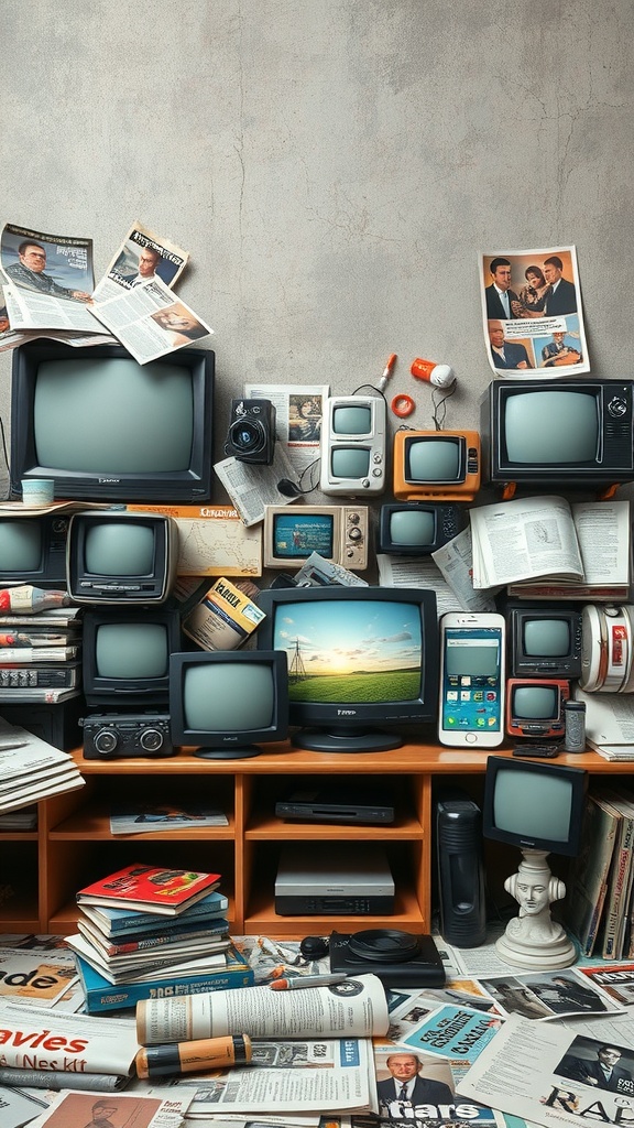 A clutter of various communication devices including vintage televisions, newspapers, and smartphones.