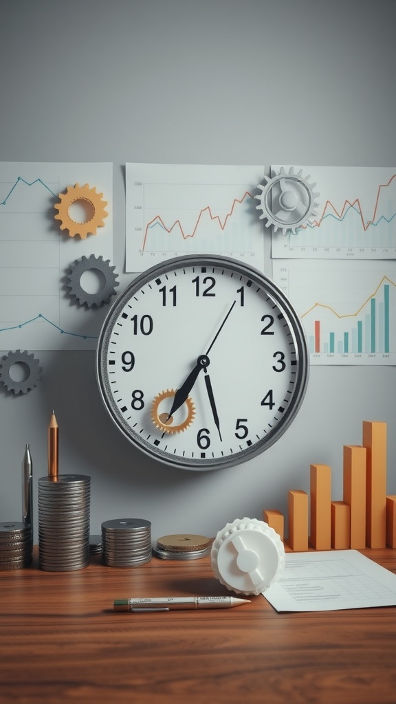 A workspace with a clock, gears, charts, and coins symbolizing productivity and strategy.