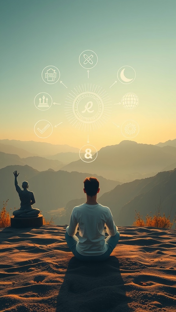 A person meditating on a mountain with icons representing various life aspects above them.