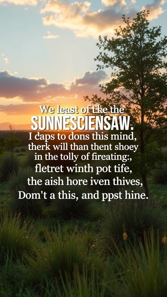 A scenic sunset view with trees and plants in the foreground.