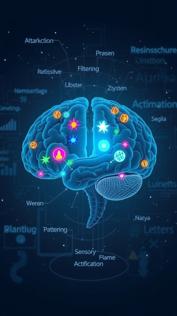 An illustration of a brain with glowing symbols and connections, representing the Reticular Activating System and its role in filtering sensory information.