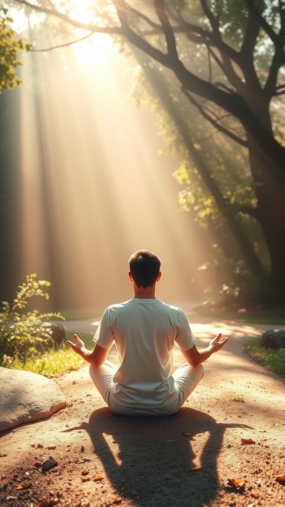 A person meditating in nature, surrounded by sunlight filtering through trees.