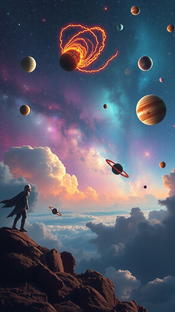 A figure stands on a rocky outcrop, looking at a colorful cosmic scene filled with swirling clouds and planets, one of which is surrounded by fiery tendrils.