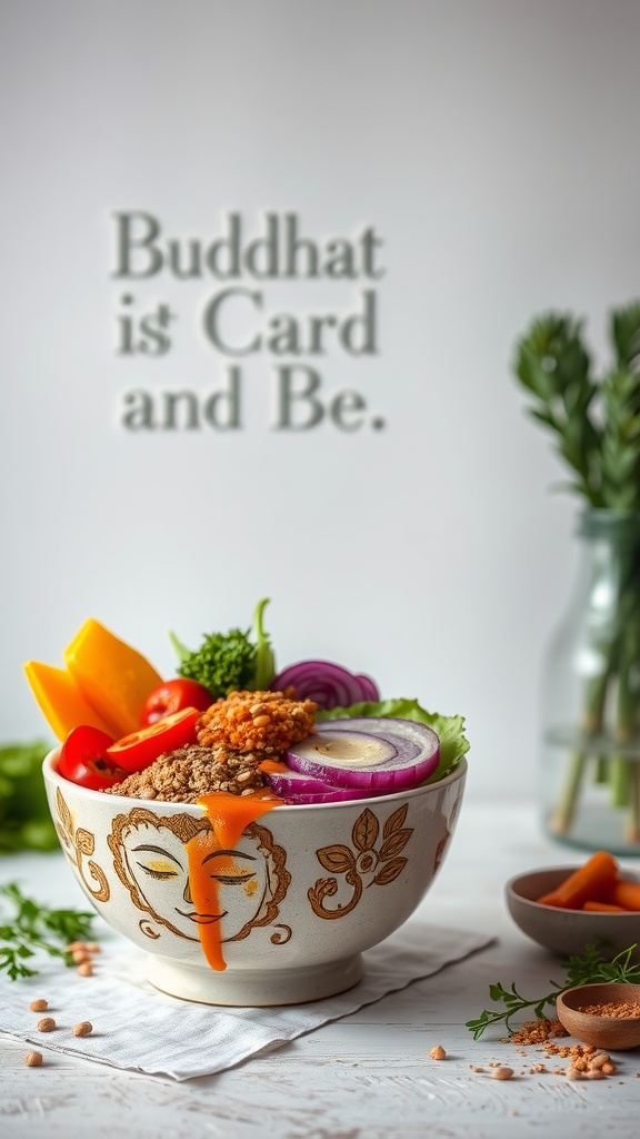 A colorful Buddha bowl filled with vegetables, grains, and a decorative design.