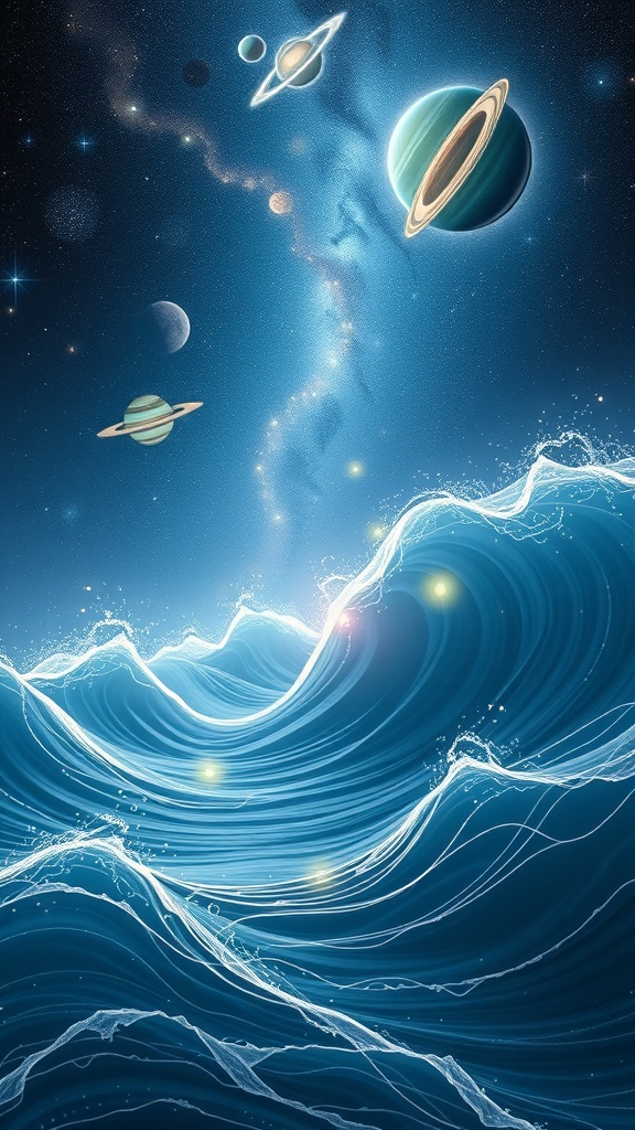 A cosmic scene with planets above vibrant ocean waves, symbolizing vibrational alignment and cosmic connection.