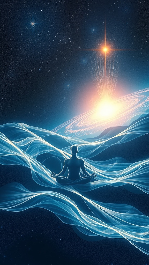 A meditating figure surrounded by cosmic waves and a bright starburst, symbolizing vibrational alignment with the universe.