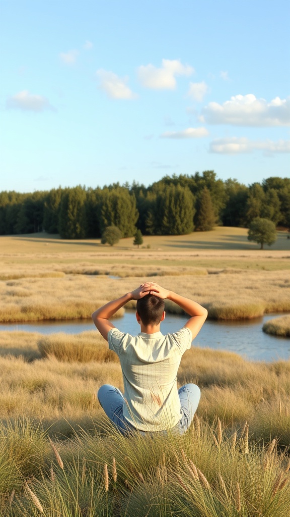 A person meditating in a grassy field near a body of water, surrounded by trees and a clear blue sky.