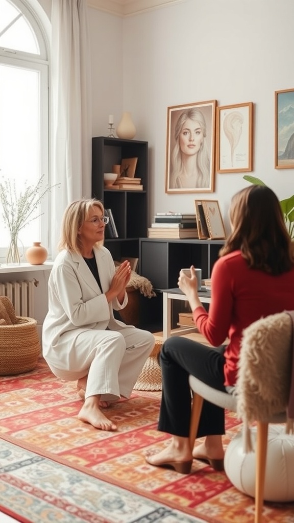 A therapy session in a cozy room, featuring a therapist in white and a client in red, engaged in a deep conversation.
