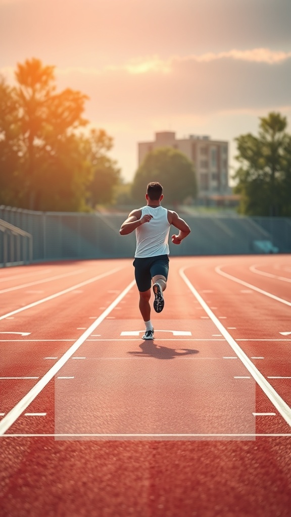 An athlete running on a track during sunset, symbolizing focus and determination.